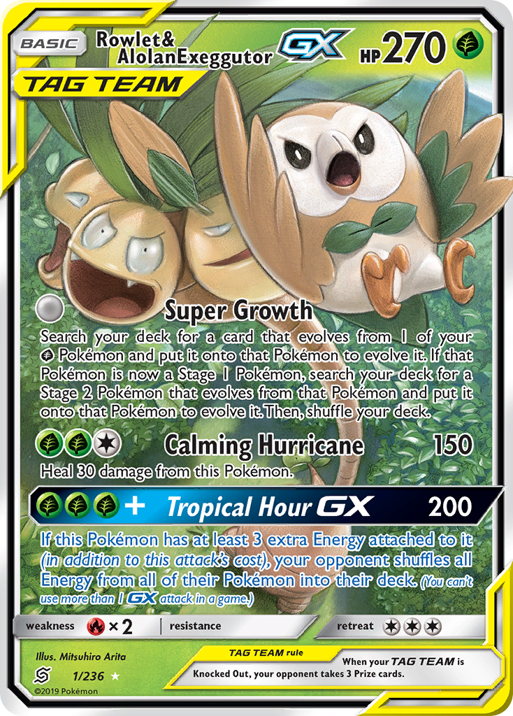 Rowlet & Alolan Exeggutor-GX — illustrated card