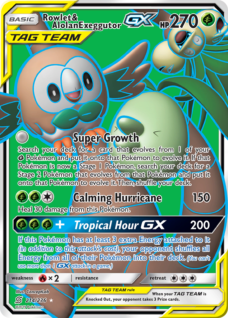 Rowlet & Alolan Exeggutor-GX — illustrated card