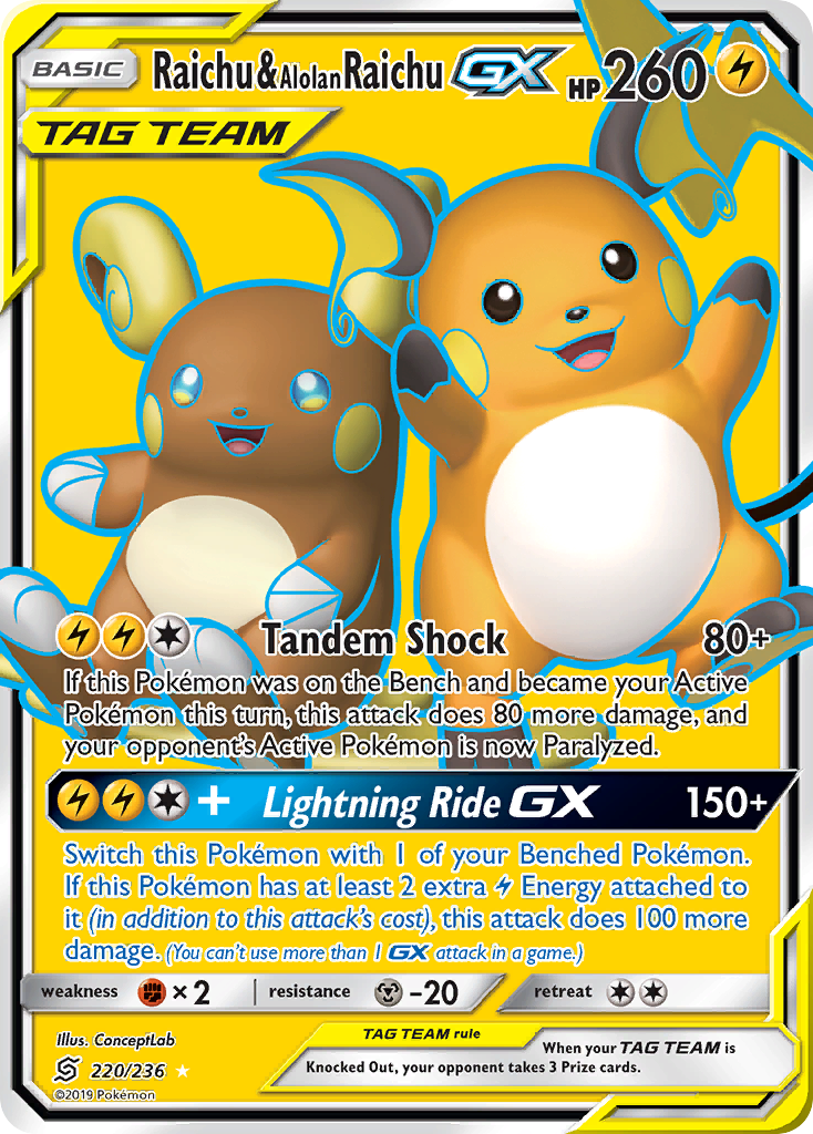 Raichu & Alolan Raichu-GX — illustrated card
