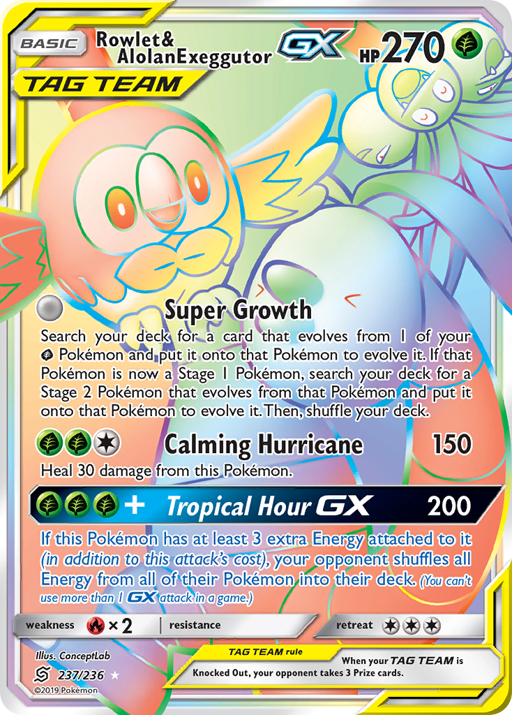 Rowlet & Alolan Exeggutor-GX — illustrated card