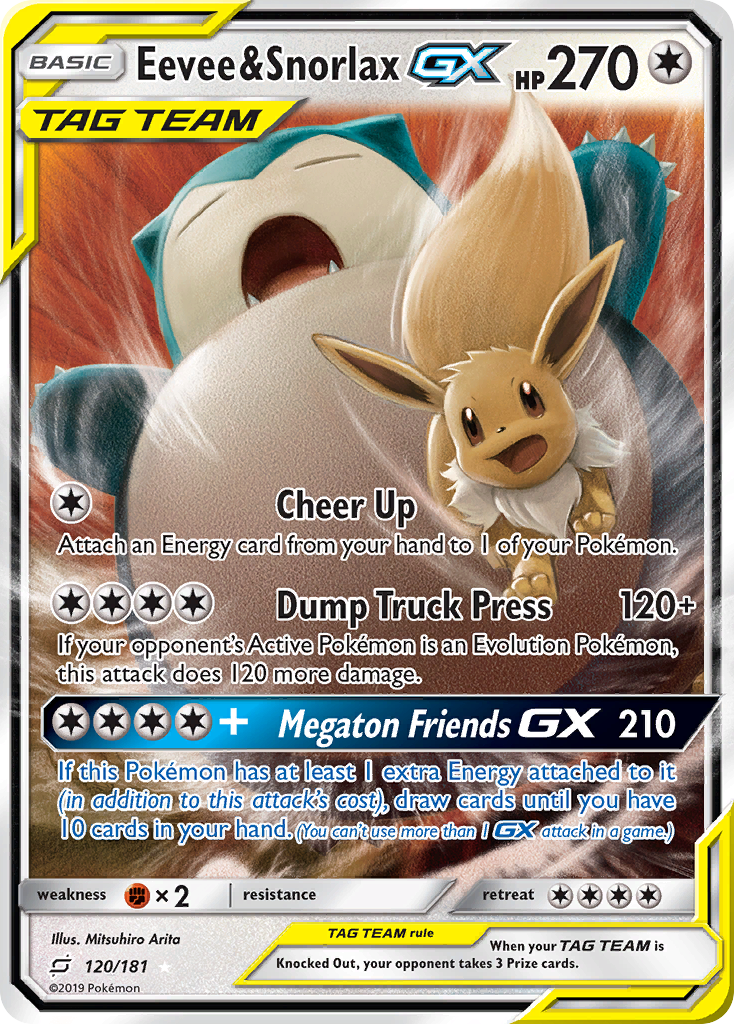 Eevee & Snorlax-GX — illustrated card